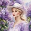 Placeholder: Spring painting lilac bush flowers woman, blonde hair with a quiff below the shoulders, wearing a hat, the woman is in the center of the picture, occupying only a third of the image, watercolor, lilac bush flowers in the background, splashes, art, watercolor, pastel, ink, soft, full frame, hdr 4k, 8k,DetailedEyes_XL