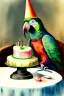 Placeholder: Parrot with human body is sitting at a table with a birthday cake. Watercolour