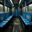 Placeholder: Très Vieux wagon de métro, sièges usés à rayures, linoléum bleu usé
