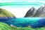 Placeholder: Colored pencil drawing of Norway, mountains, ocean, nature.