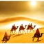 Placeholder: Create a double exposure photo, a spectacular wide shot of a Turag tribesman leading a caravan of camels, and a shot of a sandstorm coming out of a golden dune and raging in the Sahara desert, highly detailed, rental, Octane processing, 24K, cinematic