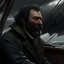 Placeholder: The large angry black haired bearded skipper on a battleship "Boatsman" looking out at a stormy sea realistic grimdark