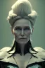 Placeholder: Robin Wright as evil queen in black leather, busty, cleavage, voluptuous, Claire Underwood, angry, stern look. character design by cory loftis, fenghua zhong, ryohei hase, ismail inceoglu and ruan jia. unreal engine 5, artistic lighting, highly detailed, photorealistic, fantasy