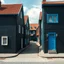 Placeholder: Fotografia di strada assurda e falsa orripilante blu weirdcore dai colori vivaci. Yves Tanguy. Non luogo falso, inusuale. Max Ernst. Le case sono false e dipinte di nero chiaro con cose stilizzate e dettagli inutili. Ci sono finestrelle false quadrate, che danno un senso distopico e molto surreale, disposte in modo casuale. L'atmosfera generale sembra noiosa e onirica, con un contrasto tra elementi reali ed elementi dipinti falsi, on the sea-shore, René Magritte, oddest things