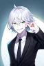 Placeholder: plauge doctor in balck leather coat and suit with silver hair, pale skin and bright green eyes smiling with sharp teeth, nice young face, male, viscious smile, face close look