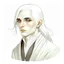 Placeholder: Minimalistic illustration. Fantasy setting. Twenty five year old man with grey shoulder-lenght hair dressed in medieval white and silver clothes. Grey eyes