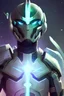 Placeholder: Uomo con armatura galattica, corpo intero, viso reale di persona, sfondo ampio con astronavi, occhi verdi blu, capelli neri, naso affusolato, sguardo intenso.