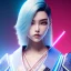 Placeholder: teenager, Cyborg samurai, cyberpunk, white skin, light blue hair, geisha hairstyle, cobalt eyes, waist up portrait, 8k resolution, retroanime, intricate details, neon details, soft lighting, vibrant colors, masterpiece, intricate eyeliner, dark eyeshadow, eyes, intricate tattoos, gradient background