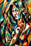 Placeholder: Analytical Cubism Illustration Design a perfect pretty girl, black long hair, Split-Complementary color guide, Plasma Energy Texture, abstract background, reading a book, dramatic angle, SimplepositiveXLv1,, Illustration Design, often for illustrative art, visual storytelling, or creative illustrations., Analytical Cubism, often for geometric deconstruction, monochromatic palette, or fragmented forms.