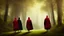 Placeholder: black robe hooded monks on the forest path