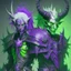 Placeholder: Demonio con armadura verde y negro posando con un demonio de armadura morada y verde con cabellos blancos