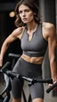 Placeholder: photography of a beautiful anorexic woman, grey satin triathlon top, sports illustrated, brunette short wavy bob haircut, pronounced sternum, flat chest, anthracite cycling leggins