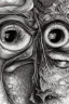 Placeholder: Extreme close-up, hyperdetailed photorealistic charcoal and ink mixed media drawing of a pair of eyes, vignette, tessellation fractal black and white, migraine migraineur pain, horror, stygian, gouache Jan Van Eyck John Stephens James McCarthy