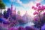 Placeholder: luminous pink castle, on the mountain, sun,swanns,waterfall, BLUE LAKE, SWANNs,blue bugainvillier flowers, jacaranda violet trees, sky pink blue, full of details, smooth, bright sunshine，soft light atmosphere, light effect，vaporwave colorful, concept art, smooth, extremely sharp detail, finely tuned detail, ultra high definition, 8 k, unreal engine 5, ultra sharp focus