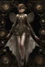 Placeholder: full length, steampunk delicate metal woman, moth, wings, black background