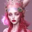 Placeholder: Beautiful pink witch made of fire with red eyes. Long curly wild pastel pink hair. Pink and red eyeshadow. Red lipstick. Pale skin with freckles and a round face. Big pink witch hat.