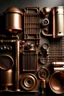 Placeholder: Please produce a photo of the parts of electrical appliances used in homes inspired by copper, which should be a fresh photo and for the cover of a poster. Please, it should be kitchen appliances.