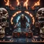 Placeholder: DJ Jazzy Jesus, insanely detailed DJ booth in hell, MID set, speakers and equipment made of bone, anatomically correct, add more skulls in th audience, photorealism, vray, 8k 3d