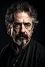Placeholder: portrait of a man in his forty, dark goatee, salt and pepper hair, charming, similar to Robert Downey Junior, Caravaggio style
