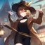 Placeholder: Clear focus, High resolution, short brown spiky hair, hair between eyes, eyes closed, wearing a brown detective hat, wearing a brown jacket and a black shirt, wearing black shorts, 1girl, pulling hat down, smiling, wearing a oversized jacket