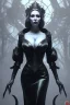 Placeholder: Christina Hendricks as evil queen in black leather, cleavage, angry, stern look. character design by cory loftis, fenghua zhong, ryohei hase, ismail inceoglu and ruan jia. unreal engine 5, artistic lighting, highly detailed, photorealistic, fantasy