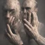 Placeholder: Extremely detailed portrait of a man covering his fading face with multiple hands growing out of his palms, digital painting.