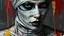 Placeholder: A close-up, abstract portrait of a woman's face and upper torso, rendered in a dark, gritty, and expressive style. The subject's face is partially obscured by bandages and what appears to be metallic plating, with visible cracks and openings revealing a complex inner structure. Her eyes are dark and intense, with heavy black makeup smudged around them. The entire composition is heavily textured with thick, impasto paint strokes and dripping paint in vibrant colors like red, blue, yellow, and bla