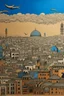 Placeholder: A grayish copper brown city with a coliseum in the sky designed in Indian Gond art painted by Andy Warhol