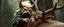 Placeholder: a blonde fluffy gnome quickling kobold gremlin that looks like the opposite of a vampire in bunad leaning on an elk, holding his horns