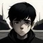 Placeholder: sad boy with black hair and black eyes and black ship
