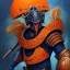 Placeholder: a fierce warrior in full navy blue and orange battle armor, with an orange fruit shield, a highly detailed illustration, background of Inka jungle, realistic render, 8 k, micro detail, intricate, elegant, centered, digital painting, Artstation, smooth, sharp focus, illustration, artgerm, tomasz alen kopera, peter mohrbacher, donato giancola, joseph christian leyendecker, wlop, boris vallejo