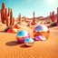 Placeholder: Bright, glittering, 3d, plastic-like, surreal objects in a bright environment, desert, noon light