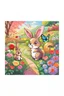 Placeholder: A beautiful butterfly, cute bunny and friendly squirrel looking amazingly at a bright red rose in a colorful garden, child book illustration style, faces must be the same as reference image