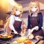 Placeholder: girl, masterpiece, best quality, volumetric lighting, detailed outfit, perfect eyes, golden hair, long hair, purple eyes, braided ponytail, smile, cooking, food, hairclip,