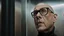 Placeholder: A striking, photorealistic portrait of Chris, a middle-aged european man with a slightly shaven head , wearing black square glasses, black shirta and makes a scared face. The background reveals a futuristic neon light, designed with modern, sleek lines and advanced technology. The overall ambiance gives off a sense of professionalism and cutting-edge innovation., photohigh detalied, sharp focus, professional photo