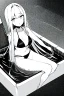 Placeholder: bikini long hair thin girl with leg in abyss pool, greyscale, sexy pose, screen tones