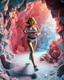 Placeholder: make a picture pretty crystal cave made of jwells and 3d fractal recursive cubic and sphere base crystals and a beautiful fashion model lady with cute,bob hair,makeup, in pretty sports suit is running inside cave ,dynamic camera fallow her inside cave capturing full body, dynamic lights.