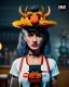 Placeholder: hybrid character, waitress sexy British woman with monster muppet mask that covers her entire head, Sesame Street style, retro style, short shirt, tray, beer, old school tattoo, hot, smooth, unreal engine 5, god lights, ray tracing, RTX, lumen lighting, ultra detail, volumetric lighting, 3d.