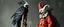 Placeholder: crow knight with cat o nine tails, wearing mirror hat, climbing ladder, in front of chalk art clown, in the style of escher and giger