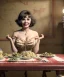 Placeholder: Ultra realistic photographic portrait, happy young Gina Lollobrigida woman sitting with arms resting on Italian kitchen table, pretty tortellini dish with olive oil and albahaca, renaissance style decoration, soft color, highly detailed, unreal engine 5, ray tracing, RTX, lumen lighting, ultra detail, volumetric lighting, high definition.