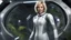 Placeholder: An ultrawide-angle, photorealistic image of an adventurous, slender, fifty-year-old woman from the future, dressed in a tailored, full-body spacesuit, stands to the right of her huge, wide, wingless cargo spaceship. Her uncombed, blond hair has bangs. Standing on a metal box in a jungle clearing.