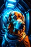 Placeholder: portrait of decisive dog space station commander in the style of giger, spray paint, photo realism, trending on art station, 8k, depth of field, down light, light rays, volumetric, white hall in spaceship, blue, brown and orange