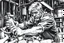 Placeholder: a working man (light swedish hair) pushing objects in a factory, sweating really hard, muscles are exploding, the man have worked through years of day and night never ending, black and white hard marker painting rough style