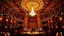 Placeholder: opulent concert hall is now festively adorned for Christmas. Warm, golden lighting and twinkling fairy lights create a joyful atmosphere. The ornate ceiling is decorated with sparkling holiday lights and ornaments, enhancing the central chandelier. The stage, set with a grand piano, is surrounded by poinsettias and holly. Candles and Christmas wreaths dot the seating area, while multiple levels of seating, including balconies, suggest a grand venue for a Christmas concert.