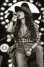 Placeholder: idealized female model country music singer leaning forward while holding microphone in one hand, other hand brought up to side of neck, change clothing to plaid in natural tones, leather bracelets on wrists, long hair, mouth open singing, rings on fingers, eyes closed