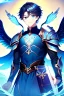 Placeholder: a person in runic armor with blue wings, blue short hair, runic tattoo and spell book, male