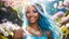 Placeholder: Portrait of a gorgeous smiling skinny polynesian goddess with a golden dark skin, long smooth clear turquoise blue white hair, blue eyes, in a sci-fi outfit with luminous strikes blowing a kiss in a hill of flowers with sakura trees, a small torrent, loads of mini flowers, moss, sun rays through the branches, particles in the air at spring