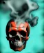 Placeholder: realistic skull. watercolor and ink. black background. smoke and explode. particles in air. teal and orange
