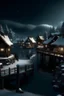 Placeholder: widescreen, fantasy, arabic village build from wood, port, lake, forest, winter, frost, snow, clouds, darkness