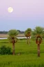 Placeholder: A field of date palms trees by the river and a big moon on the horizon